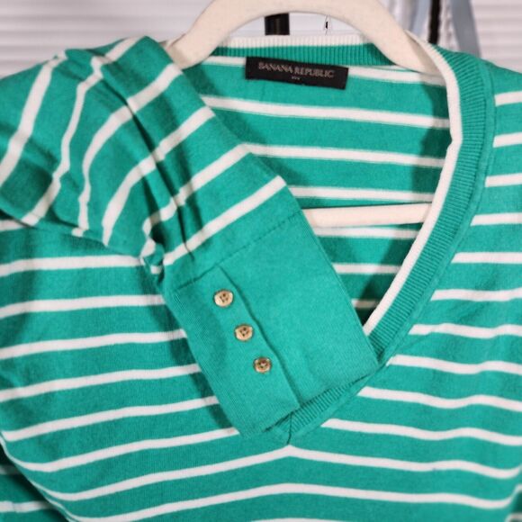 Banana Republic XL $120 V-Neck Cotton Cashmere Wool Green White Striped Sweater - Picture 3 of 8